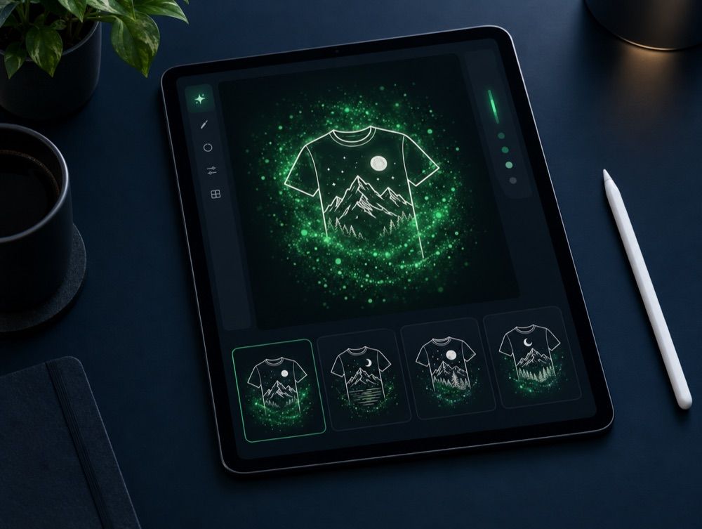 Tablet mit Bild-KI, die ein Berg-Motiv für ein T-Shirt erstellt