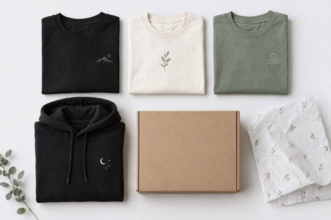 Gefaltete Oversized-Shirts und Hoodie mit kleinen Motiven neben einem Versandkarton