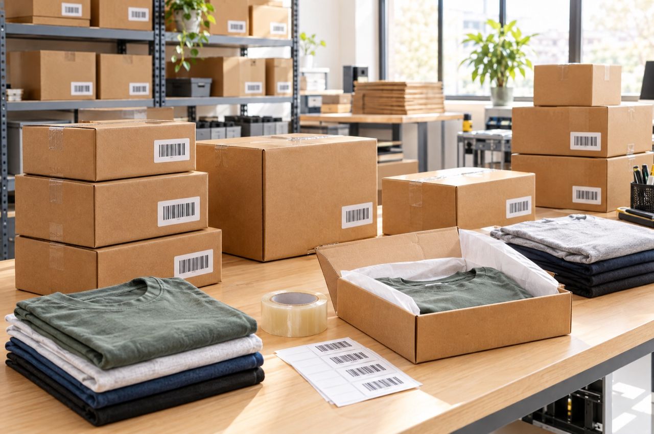 Versandkartons und gefaltete Shirts auf einem Packtisch