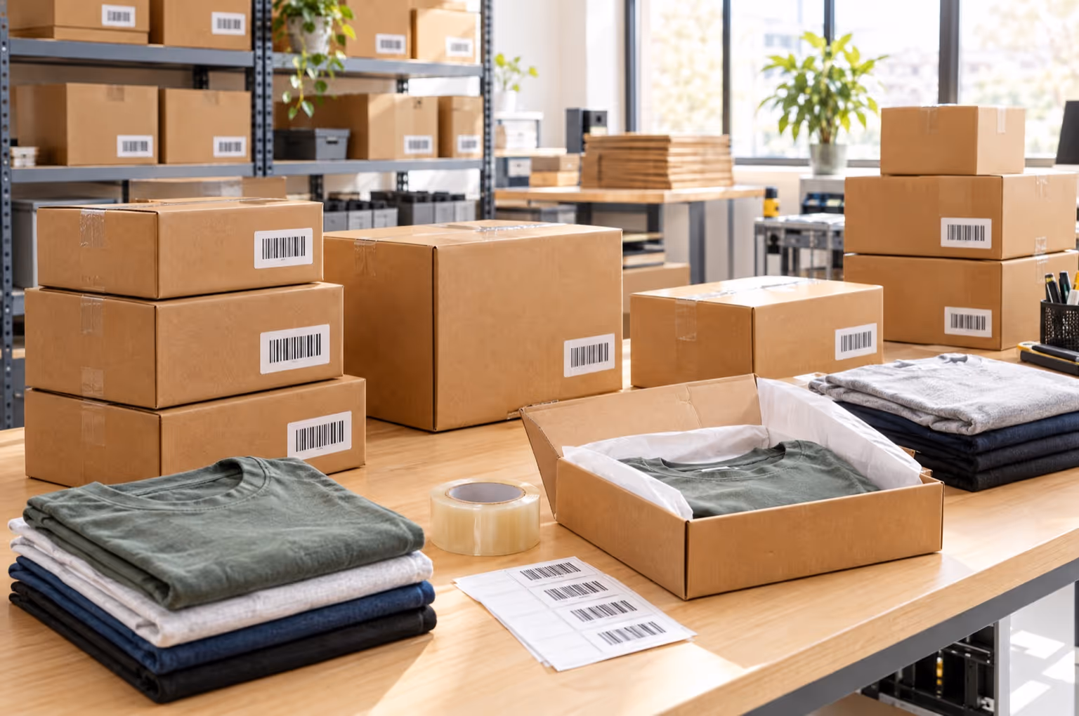 Versandkartons und gefaltete Shirts auf einem Packtisch