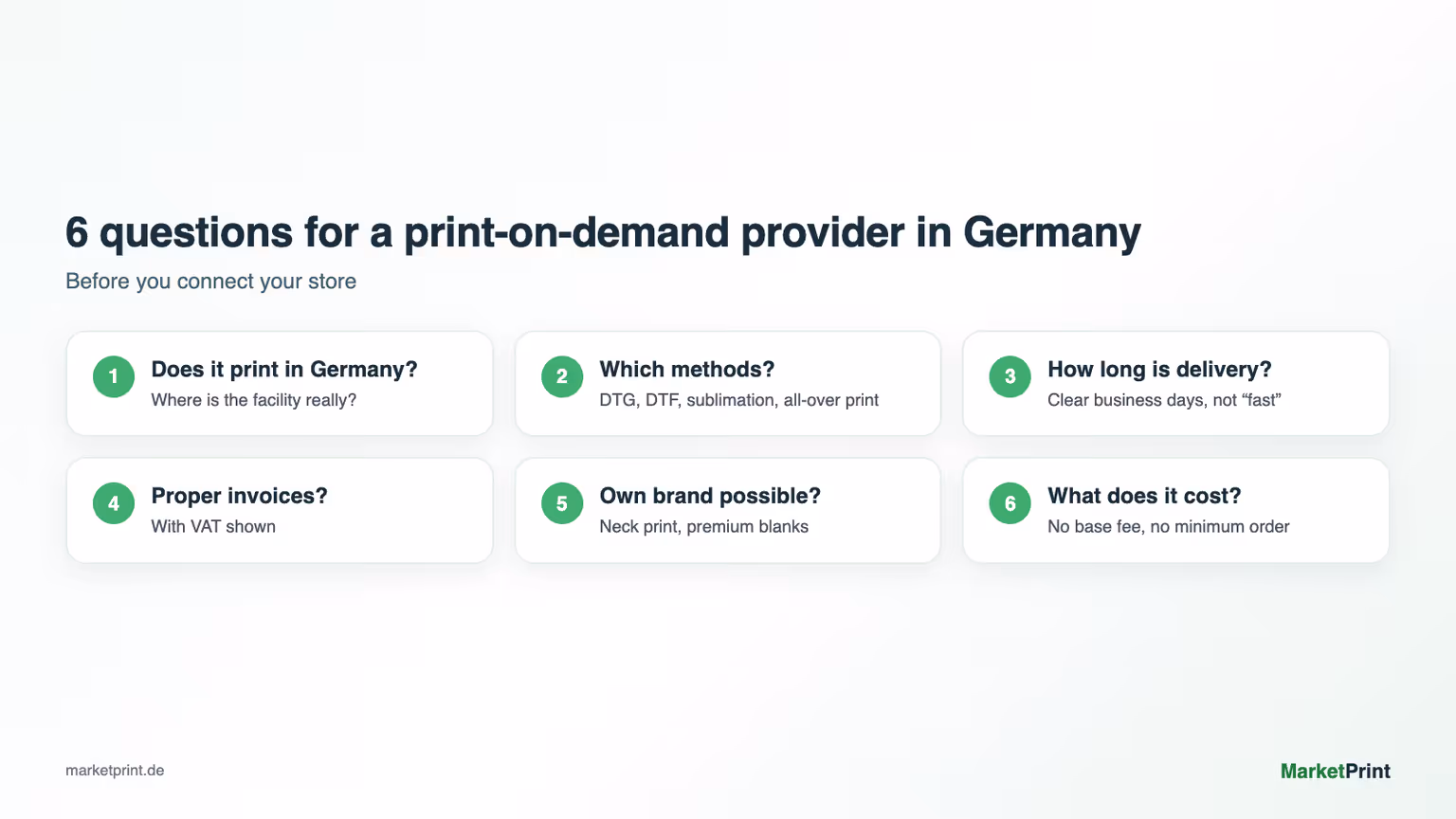 Checklist with 6 questions for choosing a print-on-demand provider in Germany