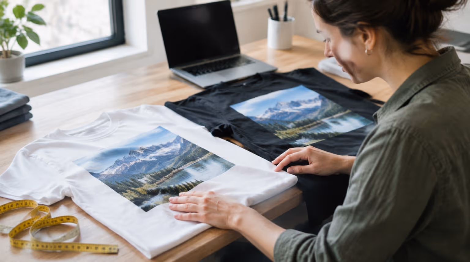 Ein Shop-Betreiber vergleicht zwei Muster-T-Shirts am Schreibtisch