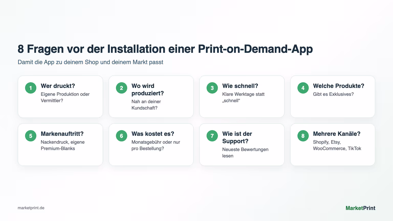 Checkliste mit 8 Fragen zur Wahl einer Print-on-Demand-App für Shopify