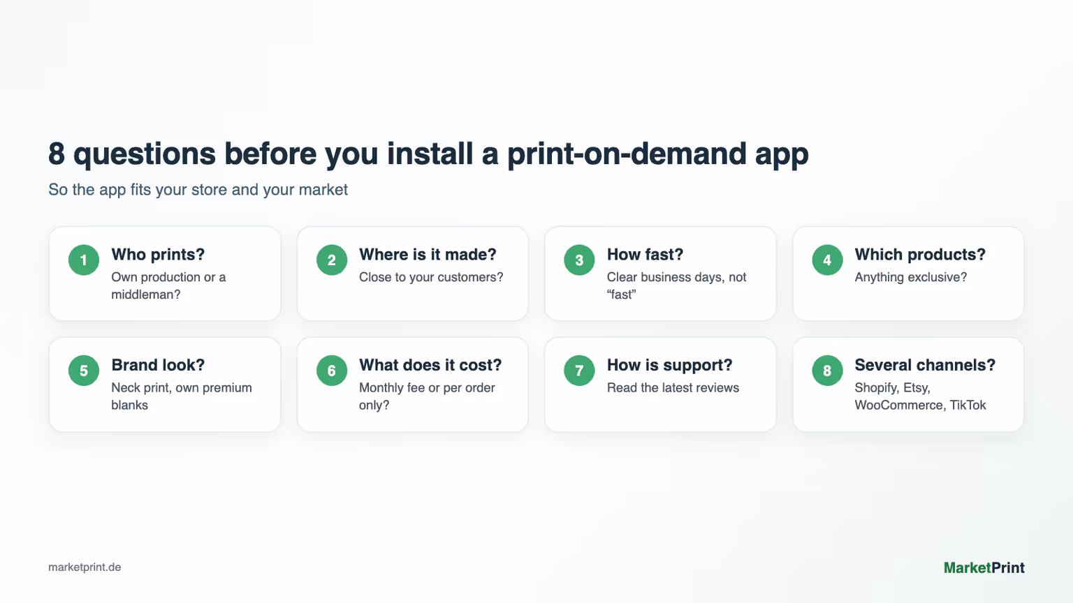 Checklist with 8 questions for choosing a print-on-demand app for Shopify