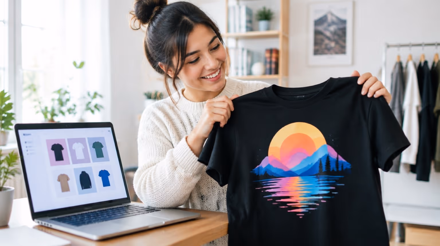 Shop-Betreiberin hält ein frisch bedrucktes T-Shirt vor ihrem Laptop