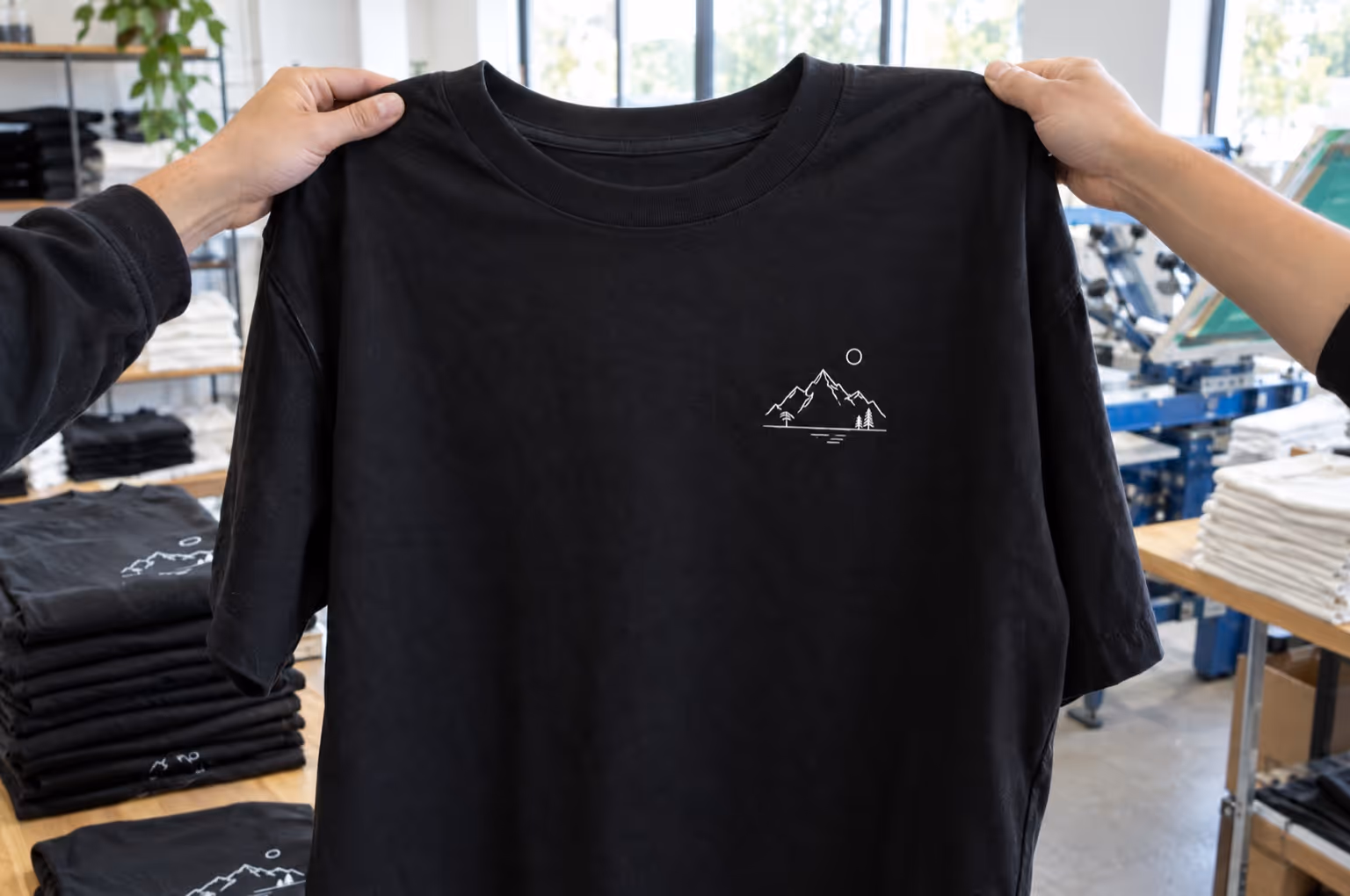 Zwei Hände halten ein frisch bedrucktes schwarzes Oversized-Shirt in einer Druckerei