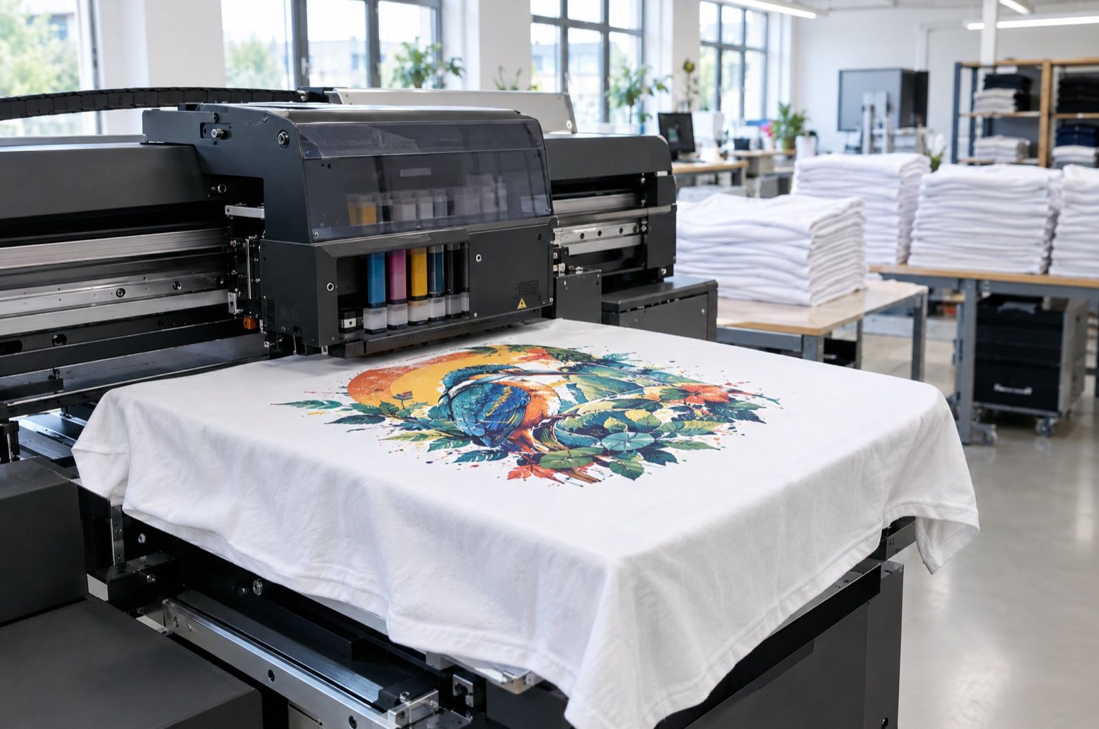 Textildrucker druckt ein farbiges Motiv auf ein weißes T-Shirt in einer hellen Produktionshalle